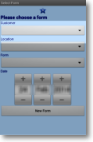 Selecting a customer on a device. Notice drop-down lists for location and form (based on a template) which need to be attached to the customer.